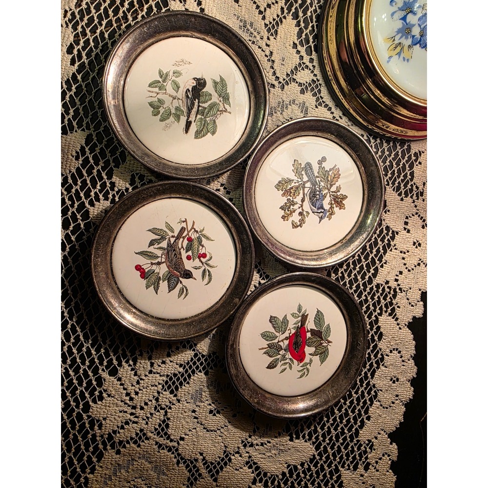 Vintage Sheridan Silver Co Bird Coasters Set 4 Taunton Silversmiths Silverplate